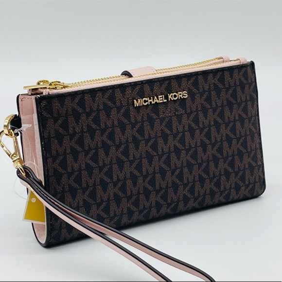 Michael Kors Handbags - Michael Kors Large Double Zip Wallet Wristlet Leather Rich Brown/Light Pink